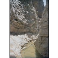 Vue détaillée du canyon de l'oued Illïj, région d'Azougi et d'Atar, site de l'école d'escalade et de franchissement. [légende d'origine]<br>