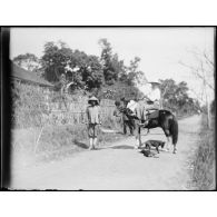 [Une femme monte en amazone sur un chemin en compagnie d'un boy].<br>