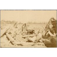 Front de Champagne. Au pied du Cornillet avant l'enlèvement des hauteurs dominantes. Pièce de 75 après un marmitage bien réglé - mai 1917. [légende d'origine]