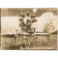 Le moteur du Caudron mitraillé par les Boches. L'appareil piloté par le sergent Drouet a pu atterrir dans nos lignes. Le passager, Lieutenant Guillemin, était blessé. [légende d'origine]