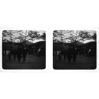 [Vue d'ensemble d'une cérémonie avec Européens et Indochinois, montagnes à l'arrière-plan].<br>