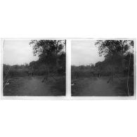 [Vue d'ensemble de quatre fusils en faisceau, quatre soldats indochinois à l'arrière-plan].<br>