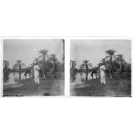 [Officier colonial et cheval s'abreuvant au bord d'une rivière].<br>