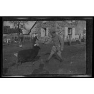 [Militaire jouant avec un mouton noir dans une cour de ferme].
