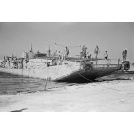 Déchargement d'un Marinefährprahm de la marine allemande (Kriegsmarine), ici la cargaison est constituée de bêtes (chèvres et de moutons).