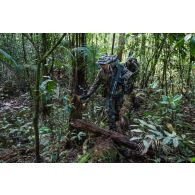Des soldats du 7e bataillon de chasseurs alpins (BCA) progressent en forêt à Maripasoula, en Guyane française.