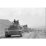 Une colonne de chars Panzer IV (Pz-IV Ausf-G) et Panzer III (Pz-III Ausf-L) du Panzer.Regiment 7 (Pz.Rgt-7) de la 10e division blindée allemande (10-Pz.Div.).