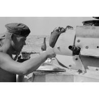 Un homme d'équipage casse des oeufs sur la plaque d'un casier extérieur du Panzer II et les fait cuire.