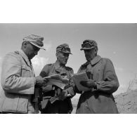 Les généraux von Thoma et von Sponeck, l'Oberst Bayerlein, l'Hauptmann Reissmann et un prisonnier.