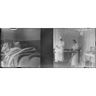 [Patient alité et infirmières triant du linge, s.d.]