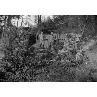 [Portrait de deux soldats devant une cabane dissimulée, s.d.]