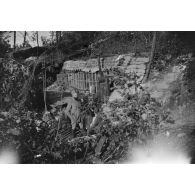 [Deux soldats posant devant une cabane dissimulée, s.d.]