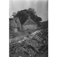 [Un enfant assis sur un tas de bois devant une chapelle, s.d.]
