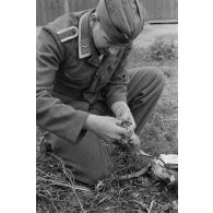 Un sous-officier (Unteroffizier), fauconnier de la Luftwaffe, accroupi, manipulant le corps d'un oiseau mort.