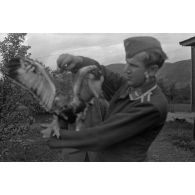 Un fauconnier, sous-officier (Unteroffizier) de la Luftwaffe, nourrit un faucon apprivoisé.