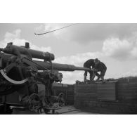 Trois servants d'une pièce de 8,8 cm FlaK-18-L56 nettoient le tube de leur canon avec un écouvillon.