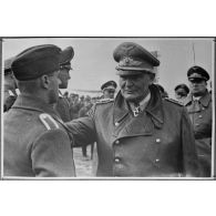 Hermann Goering discute avec un sous-officier de la Luftwaffe au garde à vous.