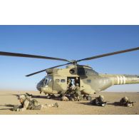 Exercice franco-américain d'héliportage d'une section de mortier de la 82e Airborne en ZDO (zone de déploiement opérationnel) Olive, par hélicoptères de transport Puma de l'ALAT (aviation légère de l'armée de terre).