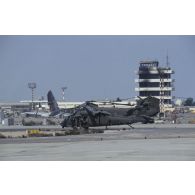 Un hélicoptère d'assaut américain Sikorsky UH-60 devant un hélicoptère de transport Vertol CH-47 Chinook sur l'aéroport de Koweit City après la libération de la ville.