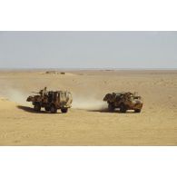Un camion TRM-2000 et un VAB progressent dans le désert.