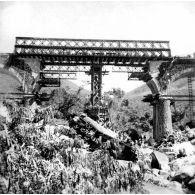 Viaduc de Baïca. Viaduc à arches de 10 mètres. La pile intermédiaire nord a été détruite par explosifs au passage du train, le 22 juin 1953. [légende d'origine]