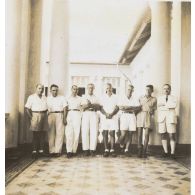 Les témoins. De gauche à droite : Don Carli, Brutus A, Choisnel, Padovani, Brutus J, Moslini, Arnaud sont les victimes venues apporter leur témoignage et réclamer justice. [description provisoire]