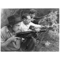 Libération de la Corse. Résistants corses postés dans le maquis armés de pistolets-mitrailleurs Sten Mk II.