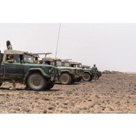 Des soldats maliens sécurisent la progression d'un convoi à bord de leurs pick-ups au bord d'une piste de la région de Gao, au Mali.