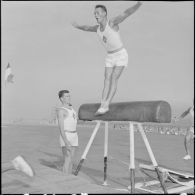 Démonstration d'exercice de voltige au cheval d'arçon.