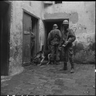 Bône. Manifestations. Des soldats fouillent des habitations avec leur chien.