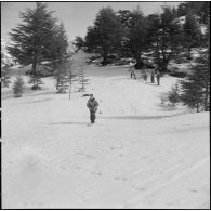 Tikdja. 22e bataillon de chasseurs alpins (BCA). Des chasseurs alpins skient dans la montagne.