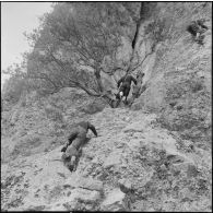 Tikdja. 22e bataillon de chasseurs alpins (BCA). Des chasseurs alpins grimpent sur une paroi rocheuse.