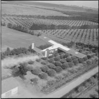 La Reghaïa. Pulvérisation de l'insecticide DDT (Dichloro-Diphenyl-Trichloroethane). Vue aérienne.