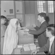 Journée de vote pour le référendum d'autodétermination (1er juillet 1962). Une femme glisse son bulletin de vote dans l'urne face à un assesseur du bureau de vote n°1.