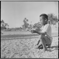 Portrait d'un enfant dans une palmeraie à Adrar ou à Colomb-Béchar.