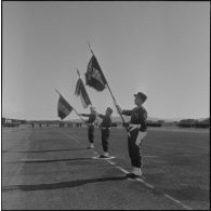 Des porte-drapeaux pendant la prise d'armes interarmées à l'occasion du 11 Novembre 1962.