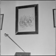 Dessin représentant un régiment à cheval exposé dans la salle d'honneur du 5e régiment de chasseurs d'Afrique (RCA) à Maison Carrée.