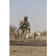 Un sapeur du 13e régiment du génie (RG) contrôle un champs de paturage dans le secteur du Liptako, au Niger.