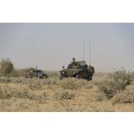Un véhicule blindé léger (VBL) du 501e régiment de chars de combat (RCC) patrouille aux côtés d'un pick-up nigérien de la 112e compagnie de sécurité et d'intervention (CSI) à Tongo Tongo, au Niger.
