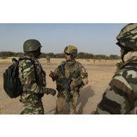 L'adjudant Arnaud du 3e régiment parachutiste d'infanterie de marine (RPIMa) se coordonne avec des gendarmes nigériens pour le ratissage d'une zone boisée dans le secteur de Ouallam, au Niger.
