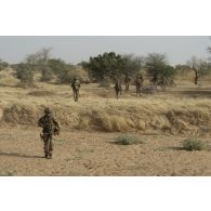 Des marsouins du 3e régiment parachutiste d'infanterie de marine (RPIMa) ratissent une zone boisée dans le secteur de Ouallam, au Niger.
