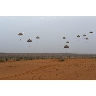 Des paras du 35e régiment d'artillerie parachutiste (RAP) sautent depuis un avion C-130 H-30 Hercules au-dessus de Tara à Niamey, au Niger.