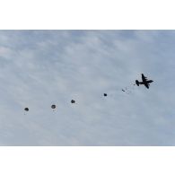 Des parachutistes nigériens sautent depuis un avion C-130 H-30 Hercules au-dessus de Tara à Niamey, au Niger.