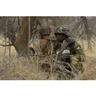 Un gendarme nigérien ratisse une zone boisée dans le secteur de Ouallam, au Niger.