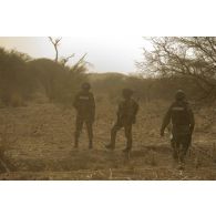 Des marsouins du 3e régiment parachutiste d'infanterie de marine (RPIMa) et des gendarmes nigériens pistent des suspects détectés dans une zone boisée du secteur de Ouallam, au Niger.