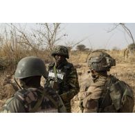 Des marsouins du 3e régiment parachutiste d'infanterie de marine (RPIMa) et des gendarmes nigériens se coordonnent pour le pistage de suspects dans le secteur de Ouallam, au Niger.