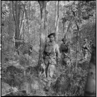 Progression d'éléments du 2e bataillon de chasseurs laotiens dans une forêt ravinée par l'eau.