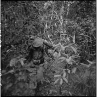 Progression d'éléments du 2e bataillon de chasseurs laotiens dans une forêt ravinée par l'eau.