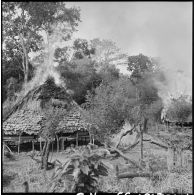 Destruction de dépôts de paddy vietminh au cours de l'opération Pakha dans la province d'Attopeu.