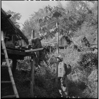 Des chasseurs du 2e bataillon de chasseurs laotiens (2e BCL) inspectent une paillote d'un village Kha dans la région de Ban The.